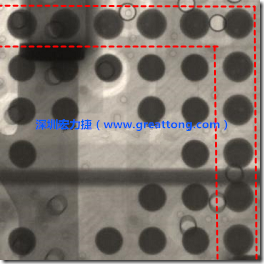 BGA錫球尺寸小于0.4mm，采用降低BGA內圍襲球的錫膏量所得到X-Ray，稍微留意一下可以發現最外圈的錫量(圓的直徑)比其他內圍的錫球上的錫量來得多一點點。也就是外圈的黑色圓形直徑比內圈的圓形來得大一點點。