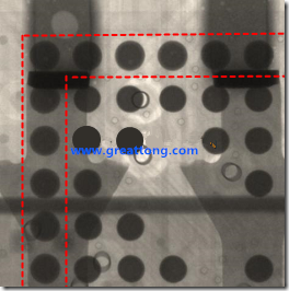 BGA錫球尺寸小于0.4mm，采用降低BGA內圍襲球的錫膏量所得到X-Ray，稍微留意一下可以發現最外圈的錫量(圓的直徑)比其他內圍的錫球上的錫量來得多一點點。也就是外圈的黑色圓形直徑比內圈的圓形來得大一點點。