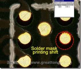 電路板BGA下面的防焊層印刷偏移，造成焊墊大小不一致。
