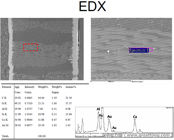 ACF(Conductive Anodic Filament，導墊性細絲物，陽極性玻璃纖維絲漏電現象)。用EDX打出來Au(金)的元素介于通孔與盲孔之間第一個位置。