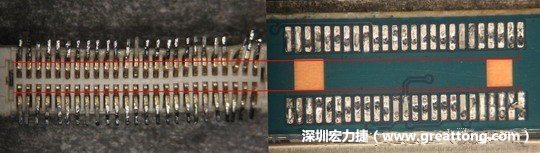 把板對板連接器與其電路板的佈線焊墊作一個比較，端子的切斷面有毛邊的地方剛好對到了裸銅區。