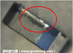 使用錫(Sn)鍍層的電源電感器(Power Inductors)，經過推力測試后，其焊點還保留在零件的端點上，所以推力比較高。