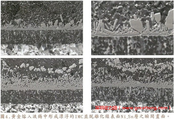 下面四張圖片為放大4500倍的SEM圖像，說明在回流焊爐熱量不足的情況下，黃金成份正要從鎳層分離融入焊錫之中的瞬間，當零件遭受外力沖擊的時候就極有可能從這一整排AuSn、、AuSn2或AuSn4的IMC處裂開。