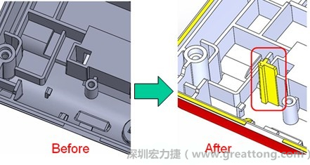 既然知道可能的問題出在電路板變形量過大，于是在電路板上黏貼應力計(Stress Gauge)然后先量測未改善前的應力數據。改善方法是在BGA的附近新增機溝肋柱(rib)來頂住電路板以降低電路板在落下時的變形量。