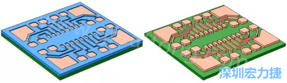 銅被電鍍在導電種子層之上，從而填滿了PCB板上的圖形化光刻膠腔體(左)。清除光刻膠，蝕刻暴露出的種子層以分隔開不同的銅線(右)-深圳宏力捷