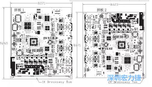 如圖7所示是使用不同數量邊條的拼板，拼板1僅使用了一個邊條，直接利用PCB另一邊作為SMT工藝傳送邊，并且PCB圖形中有合適的安裝孔；而拼板2則是按常規設計了兩個邊條。拼板方式為連接筋。圖中“Breakaway Tab”指邊條-深圳宏力捷