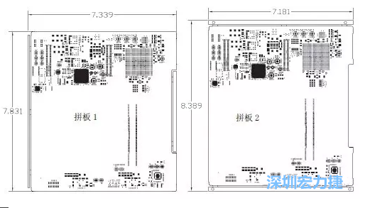 如圖11所示在兩種拼板中PCB單元的邊條位置不同，拼板1中邊條在長邊方向，而拼板2中邊條在短邊方向-深圳宏力捷