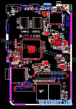 上圖是一個開發板的PCB，從布局中可以看出各個接口電路分離很明確，SDRAM和DDR以及SD卡接口電路等走線不會造成相互的干擾。-深圳宏力捷