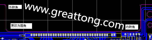 PCB設計時單面板的轉角都需為圓角，R1.0mm或R2.0mm為宜。