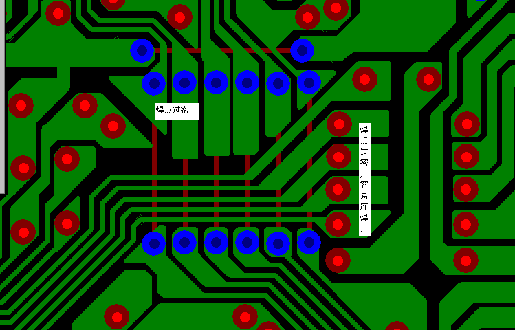 PCB設計焊點過密，易造成波峰連焊，焊點間漏電