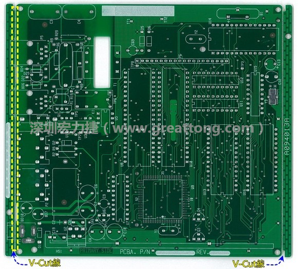 所謂【V-cut】是印刷電路板(PCB)廠商依據客戶的圖紙要求，事先在PCB的特定位置用轉盤刀具切割好的一條條分割線，其目的是為了方便后續SMT電路板組裝完成后的「分板(De-panel)」之用，因為其切割后的外型看起來就像個英文的【V】字型，因此得名。