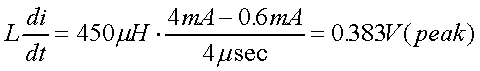 舉例來說，一個閘在"ON"而載有4mA的電流時，突然開關切到"OFF"且現在載有0.6mA的電流，假設開關時間為4msec，載有450mH的電感信號的導體，此時所產生的電壓突波為