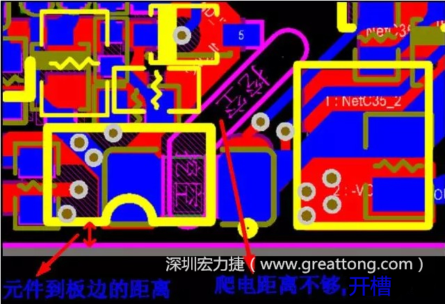 如果碰到模塊PCB空間有限，爬電距離不夠，可以采用開槽的方式