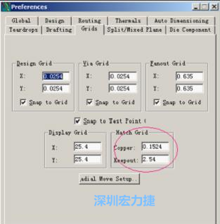  改銅皮的填充網格Global→Design Units，填充方向Drafting→Direction；Hatch Grid中Copper此數值為大銅箔中所填充的線條中心到中心的距離。