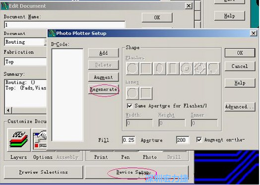 當Gerber和鉆孔都設置完后，選擇一貼片元件較多的層（一般為Top層），點擊Device SetupPhoto，將 Plotter Setup窗口D-Code欄原有的D碼刪除并按Regenerate重新生成