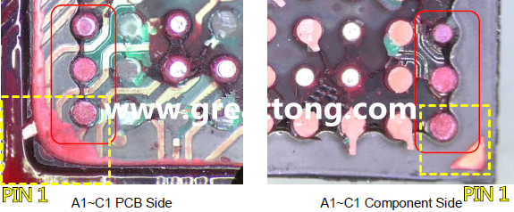 PIN-1的位置很重要，不知道Pin-1在哪里？那你怎么知道斷裂錫球在PCB的位置，如何判斷可能的應力(Stress) 影響。一般在PCB的絲印層(白漆)上面一定會標示零件的PIN-1位置，有的未打一個圓點，有的會畫三角形，但這張照片在PCB的PIN-1被紅墨水遮住了，如果可以的話建議那一塊沒有紅墨水的板子對照一下。