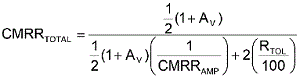方程式1是從理想運算放大器的CMRR等式中匯出，其中CMRRAMP被假定為非常大(無窮大)。