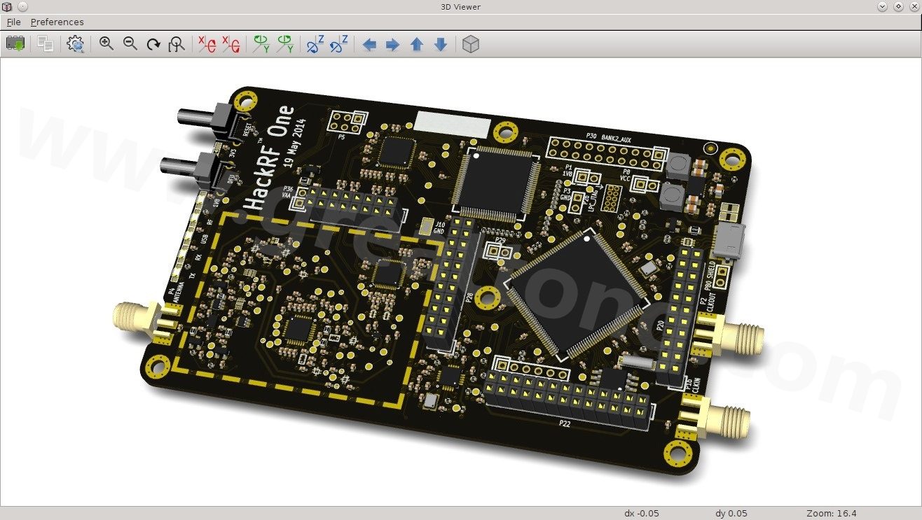 經KiCad軟體3D功能渲染過的HackRF One電路板。