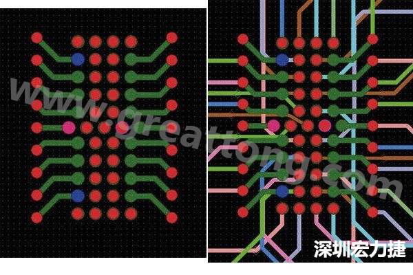 圖7：焊盤內過孔用于內部，而外部接腳在0.5mm閘格上扇出。圖7a顯示的是頂層(左)；圖7b顯示頂層和內部布線層(右)。