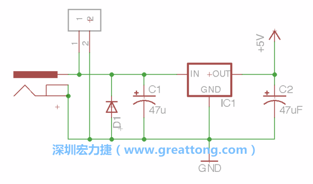 2.5.    新增一個二極體，它會以水平的狀態出現在屏幕上，請使用「旋轉（Rotate）」工具把它負極那一面朝上，并且用「網絡連接」工具將它連接在電壓調整器的輸入端和接地端之間。