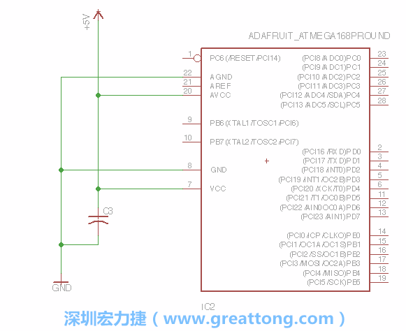 3.1.    新增微控制器晶片（RBBB → ATmega），把它放在電路原理圖的中央附近，把它的兩個接地接頭連接到接地訊號端。