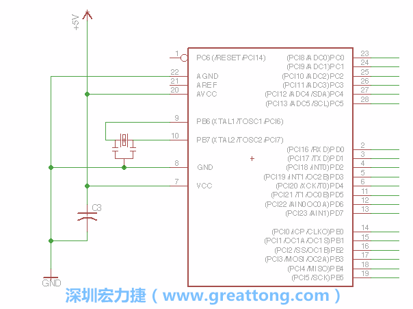 3.2.    在靠近ATmega的電源供應針腳7的位置放置一個0.1μF的電容，將它分別連接電源、接地端和針腳7。