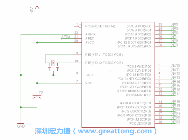 3.3.    將共鳴器（resonator）放置在針腳9和針腳10附近，將它的三個針腳連接如圖所示，并確認最中間的針腳有連到接地端。