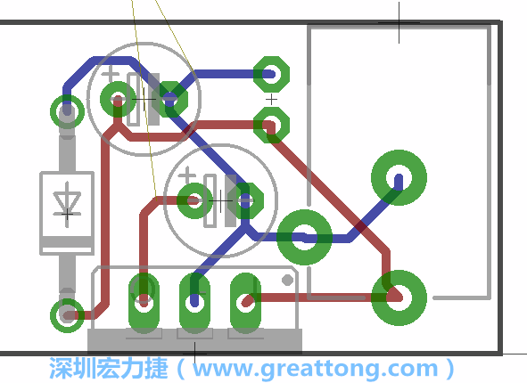 接地連結點的布線情形如下圖所示，利用這個練習來避免電路連線銳角化的產生是一個不錯的選擇，你可以在工具列中的彎曲線路（Wire Bend）選項里改變各種布線的變化。