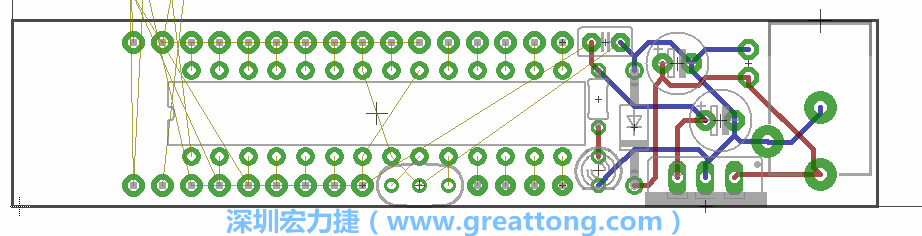 將ATmega微控制器、三個GPIO排針（JP2, JP3, JP4）和諧振器（resonator）排置如上圖所示。