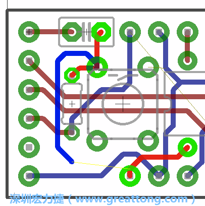 要在電路板正面進行+5V信號線連結和其他連結點的布線工作是非常容易的，而重置信號線（信號線用來連結電路板正面左邊的重置開關）需要經過一個可以通過電路板正反兩面的電路通道，這個通道是一個可以讓電路板正反兩面線路連接的一個小孔。