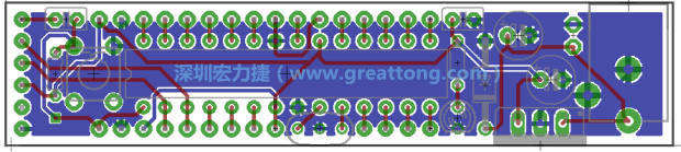 第二篇文章則帶領你進行電路板上的布線、連結點的配置，并利用「設計規則檢查（Design Rule Check）」測試你的設計，第二篇文章的電路板設計圖將如下所示：