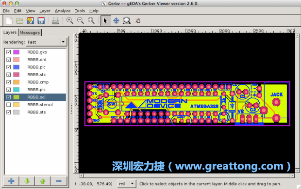 將圖層匯入你的Gerber預覽工具內（下圖為Gerbv），我通常會從上到下重新排列它們的順序，好讓我比較好校對：