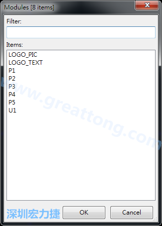 從目前正在編輯的PCB載入Module， 會顯示有那些項目可載入。點選一個， OK后即完成載入