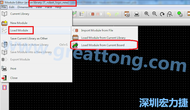 進入Module Editor去載入其他Footprint(Module)進來， 從目前的Active library (不過要先選取一個Current library ) 載入Module 或從目前正在編輯的PCB載入Module。