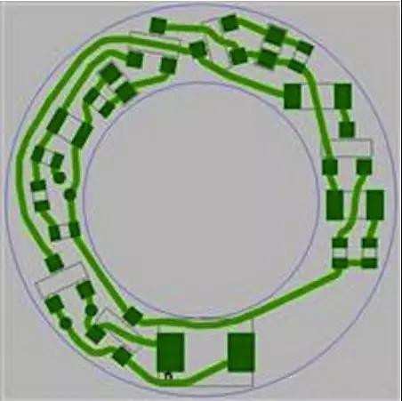 圖6：PCB布線例子：(a)拓撲式自動布線器(完成了100%導線的布線)；