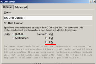 將格式改為“Inches 2：5”（ 以確保資料精度，反之孔與線路有偏移現象；）點OK完成鉆孔文件轉換